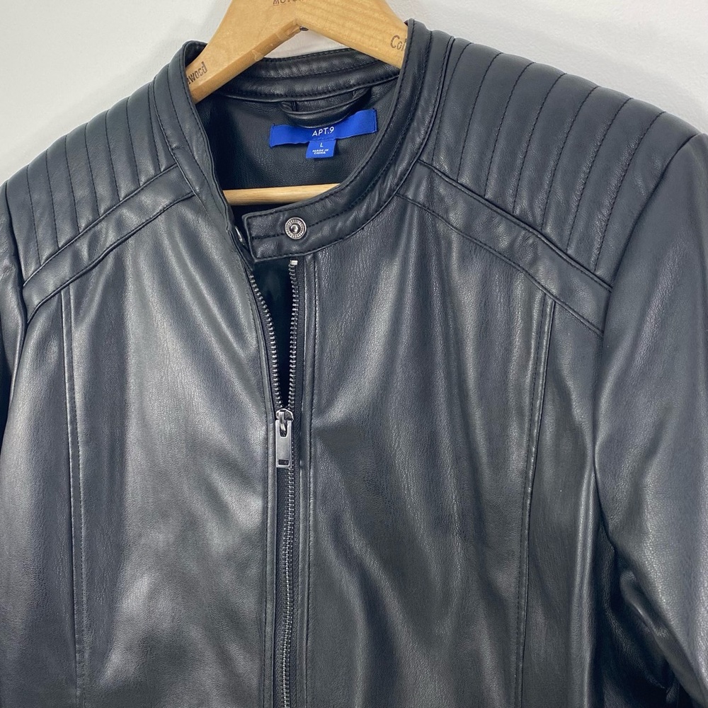 Apt. 9 Sleek Black Vegan Faux Leather Moto Biker Bomber Racing Style Jacket L - Picture 10 of 10